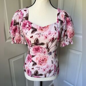 Ivy City Co White Pink Rose Print Puff Sleeve Square Neck Top Womens Small